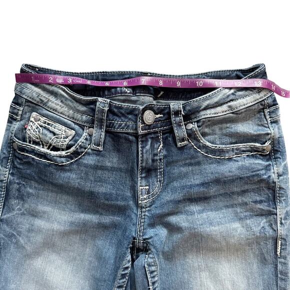 Vigoss Jeans Womens Sz 2 Blue Capri Embroidered pockets Skinny Boho Low Rise - Picture 9 of 16